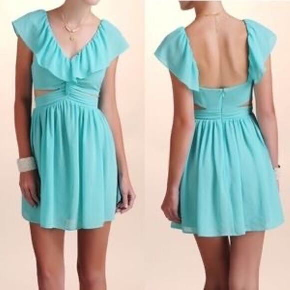 Keepsake The Label Teal Blue Flounce Ruffled V-Neck Cut Out Waist Mini Dress 4 - Picture 1 of 11